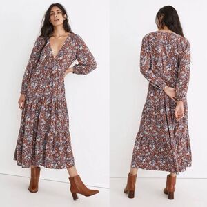 Madewell Challis Wrap Midi Dress in Woodland Floral Dark Merlot Long Sleeve XS